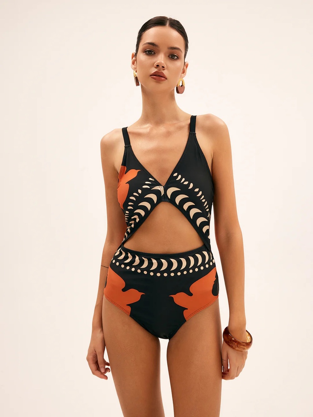Commense Bird Print Cutout One Piece Swimsuit